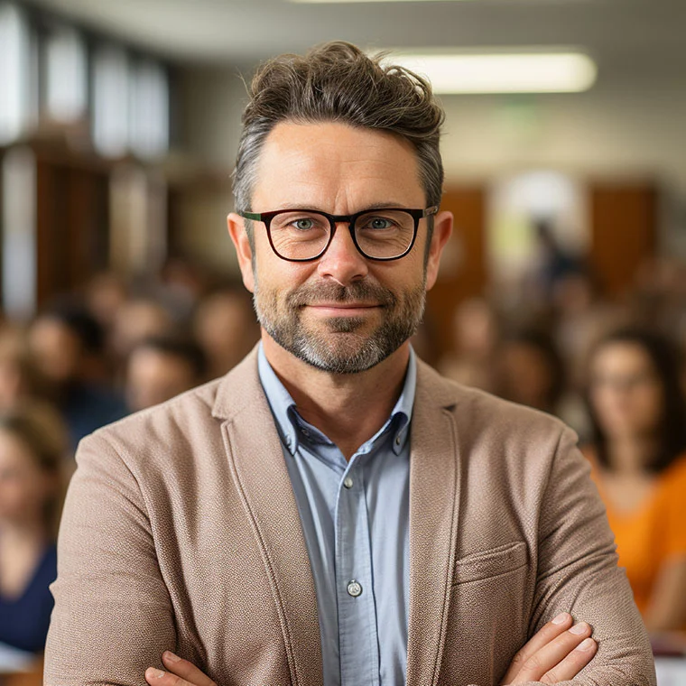 Porträt eines Mannes mit Brille und Bart, der selbstbewusst lächelt und vor einer Gruppe von Menschen einem Raum steht.