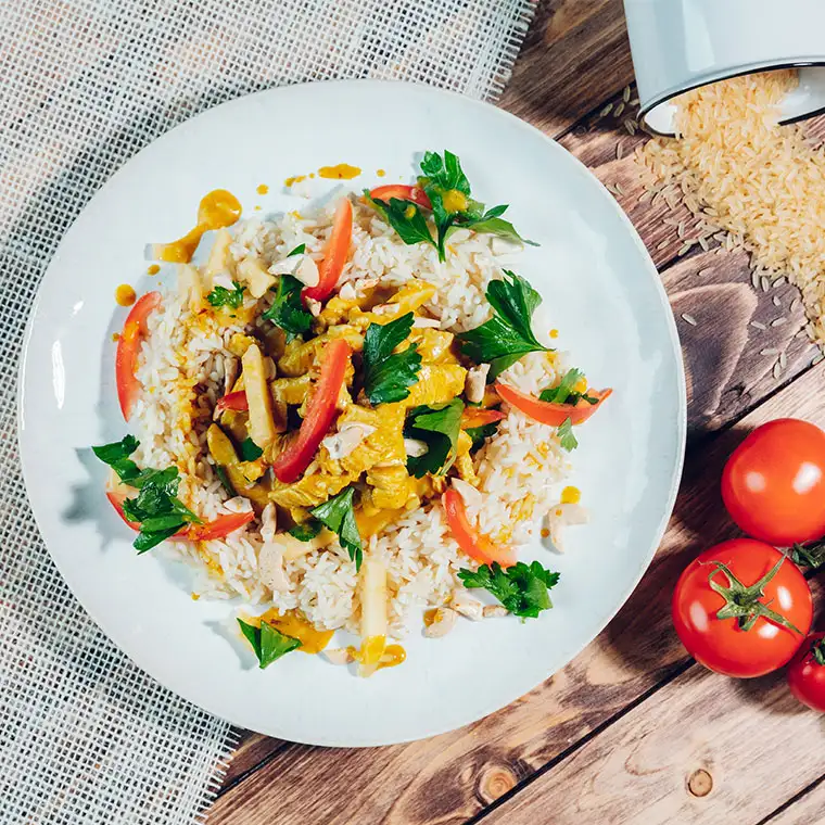 A plate of Indian turkey curry on rice.