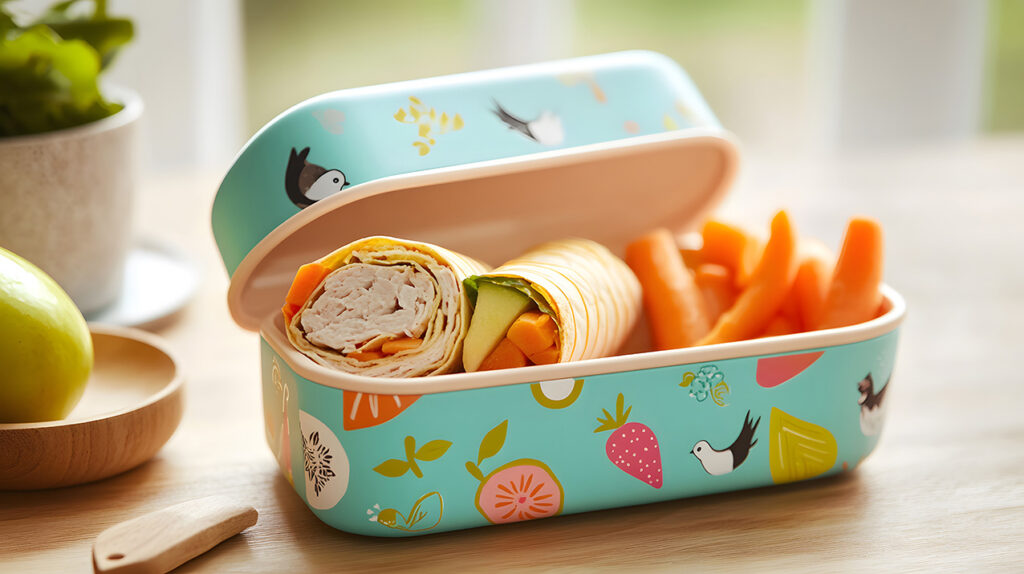 Lunchbox mit buntem Wrap aus Geflügel und Gemüse, dazu frische Karottensticks.