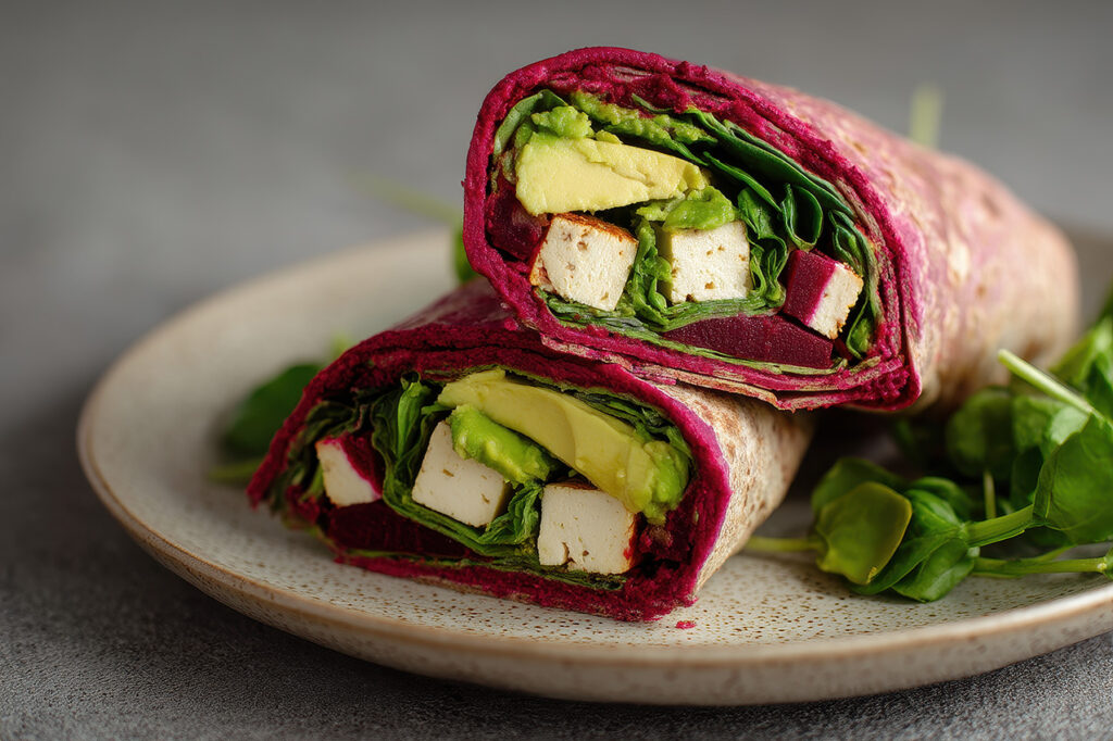 Ein Rote-Beete-Wrap mit knackigem Gemüse und Tofu zeigt, wie abwechslungsreich gesunde Ernährung sein kann.