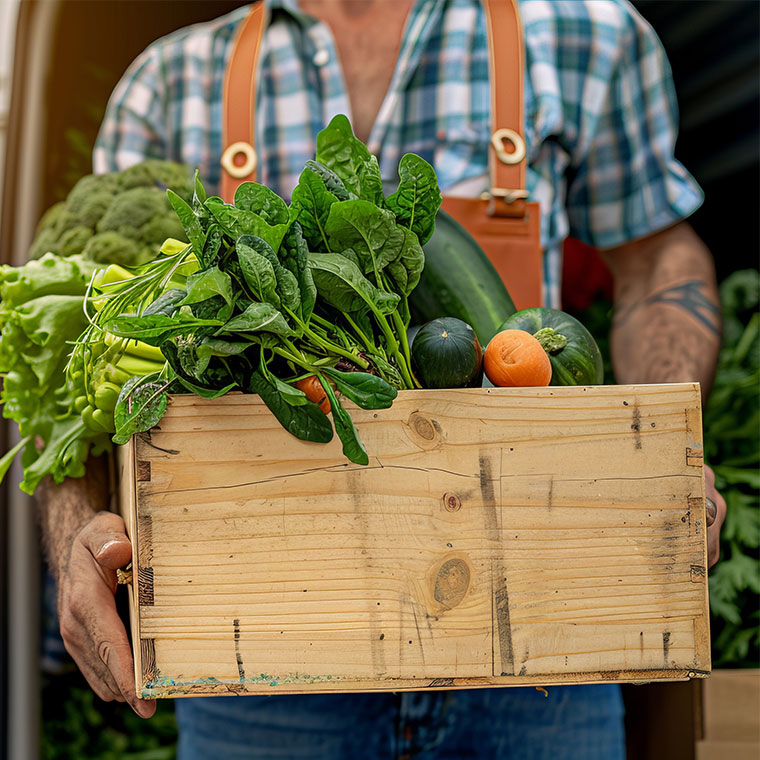 Eine Person hält eine Holzkiste voller frischem Gemüse wie Spinat, Karotten und Gurken.